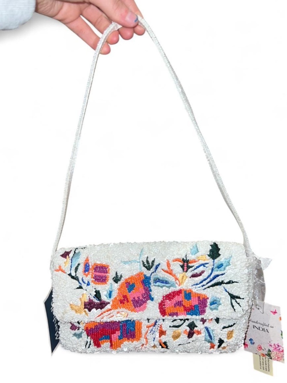 viral White beaded shoulder bag with colorful floral design made in india